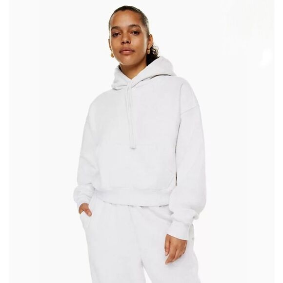 Aritzia TNA Cozy Fleece Boyfriend Boxy Hoodie In White Drawstring Size L - Picture 1 of 14